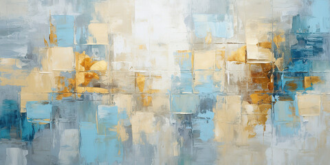 Oil painting with abstract geometric shapes in blue, gray and gold in boho style using palette knife, art painting texture background