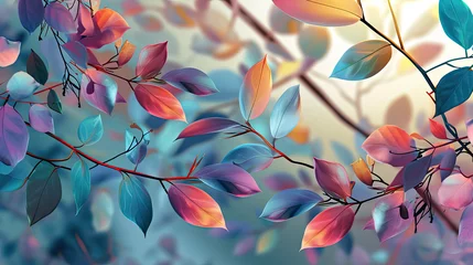 Schilderijen op glas Elegant colorful with vibrant leaves hanging branches illustration background. Bright color 3d abstraction wallpaper for interior mural, Generated by AI © Tuấn