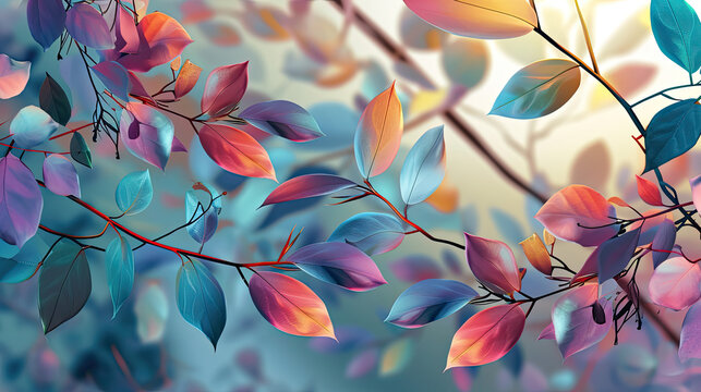 Elegant colorful with vibrant leaves hanging branches illustration background. Bright color 3d abstraction wallpaper for interior mural, Generated by AI
