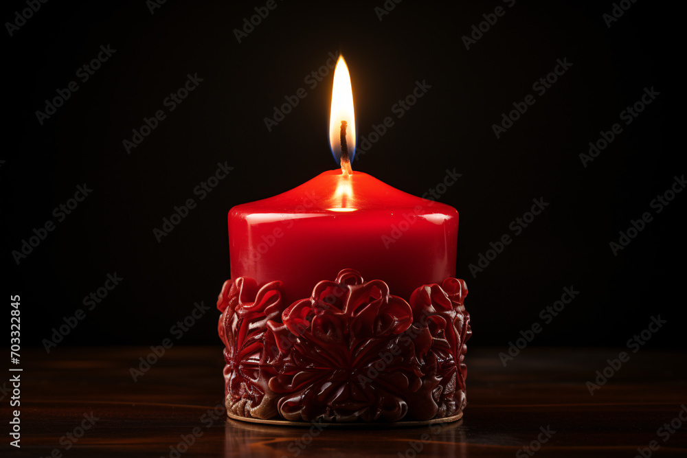Poster lit red candle with intricate design on dark background