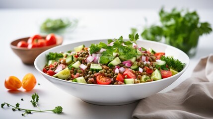  a white bowl filled with a salad next to a bowl of tomatoes, cucumbers, and lettuce.