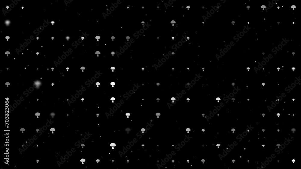 Poster template animation of evenly spaced mushroom symbols of different sizes and opacity. animation of tr