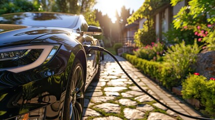 Electric Vehicle Charging at Home During Golden Hour - obrazy, fototapety, plakaty