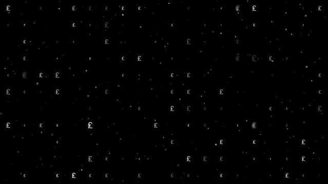Template animation of evenly spaced lira symbols of different sizes and opacity. Animation of transparency and size. Seamless looped 4k animation on black background with stars
