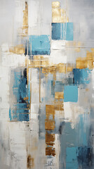 Oil painting with abstract geometric shapes in blue, gray and gold in boho style using palette knife, art painting texture background