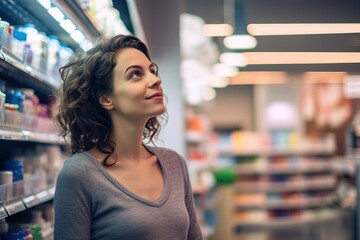Young woman makes a choice of medicine in a pharmacy
