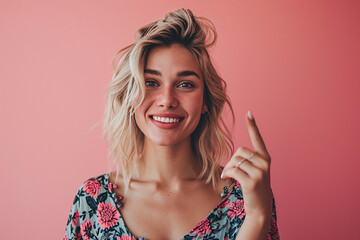 Fototapeta premium Smiling woman pointing up on pink background
