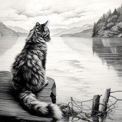 Pencil sketch cat sitting that water wonderful view Generative AI