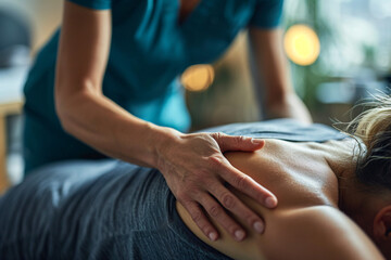 Close-up of a physiotherapy session with a hand on a patient's back - obrazy, fototapety, plakaty