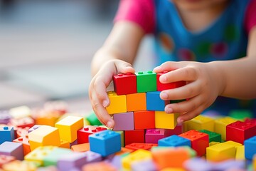 Image of a child's hands playing with colorful plastic construction blocks