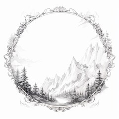Pencil sketch circular frame mountain natural image Generative AI