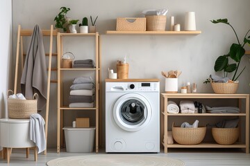Modern interior of a laundry room with wooden rack in grey pastel colors - obrazy, fototapety, plakaty