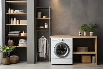 Modern laundry room interior with wooden gray cabinet in gray pastel colors