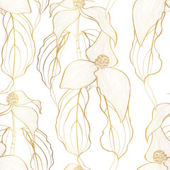 Dogwood seamless pattern with golden line. Hand drawn vector pattern with dogwood blossom motif. Botanical Hand Drawn Texture. 