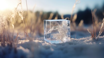  a glass box with a plant inside of it in the middle of a field with snow on the ground and grass in the foreground.