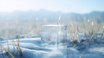  an ice cube sitting in the middle of a field of snow with grass in the foreground and a blue sky in the background.