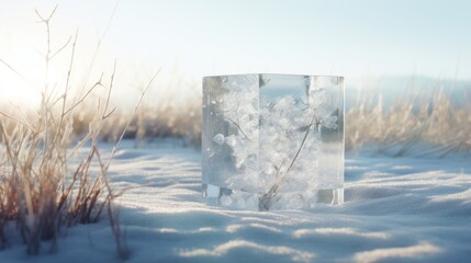  an ice cube sitting in the middle of a field with grass in the foreground and a blue sky in the background.