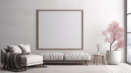 A mock-up empty frame for text, paintings, drawings on the wall of a cozy living room in light gray and white colors. Beautiful modern interior design.