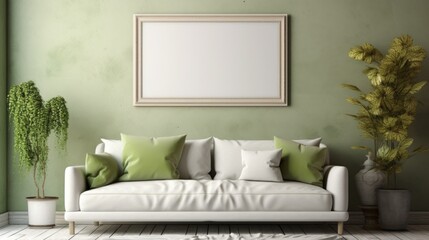 A mock-up empty frame for text, paintings, drawings on the green wall of a cozy living room in bright colors. Beautiful modern interior design.