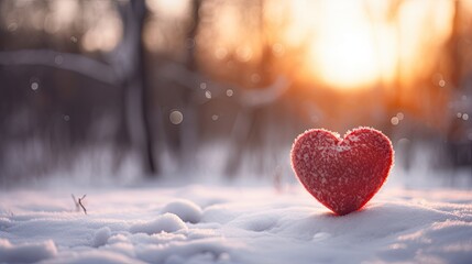 Red Heart in Snow Against Sunset, Symbolizing Winter Love - obrazy, fototapety, plakaty