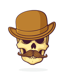 Skull of a gentleman with a mustache in bowler hat. Vector illustration. Hand drawn cartoon clip art with outline. Isolated on white background