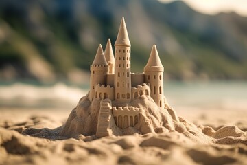Beautiful highly detailed sand castle on the beach against a blurred natural mountains background