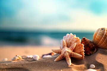 Starfish and seashells on the shore on clean sand on a blurred blue sea background - obrazy, fototapety, plakaty