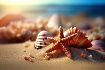 Starfish and seashells on the shore on clean sand on a blurred background - obrazy, fototapety, plakaty