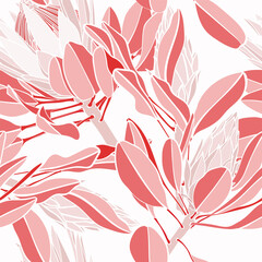 Vintage red african seamless pattern. Tropical flowers background. Banksia, protea line illustration.