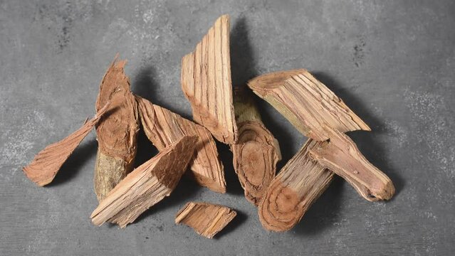 pieces of kothala himbutu bark wood, herb used widely in the ayurvedic medicine to treat diabetes and obesity, dried woody traditional medicine native to sri lanka on black textured surface