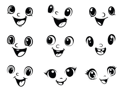 set of  cute Eyes Expressions, Kawaii faces, Cute faces, cartoon eyes and mouth