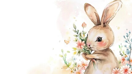 a cute bunny holding a bouquet of flowers, watercolor