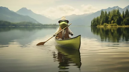 Fototapeten Photograph of a frog paddling  canoe in a lake amidst nature. © jkjeffrey