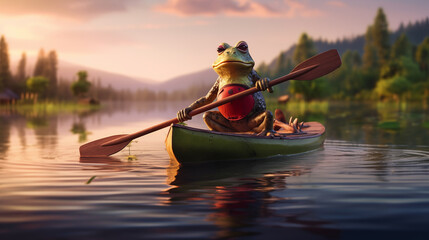 Photograph of a frog paddling  canoe in a lake amidst nature. - obrazy, fototapety, plakaty