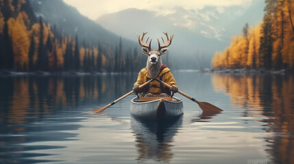 Photograph of a reindeer paddling  canoe in a lake amidst nature. - obrazy, fototapety, plakaty