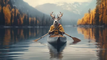 Deurstickers Toilet Photograph of a reindeer paddling  canoe in a lake amidst nature.