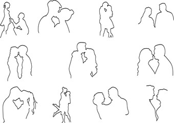 Set of romantic couple hand drawn, brush, line. Couple romantic outline drawing. Vector line art collection