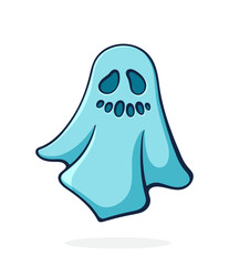 Scary ghost. Poltergeist in bedsheet. Halloween symbol. Vector illustration. Hand drawn cartoon clip art with outline. Isolated on white background