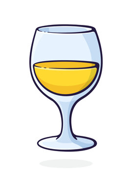 A glass of white wine. Glass goblet of alcohol drink. Vector illustration. Hand drawn cartoon clip art with outline. Isolated on white background