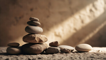 Stack of stone pebbles against beige wall for design and presentation.Copy space.