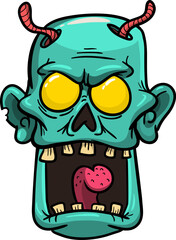 Cartoon funny green zombie character design with scary face expression. Halloween vector. Great for package design or party decoration