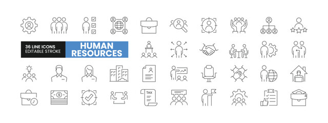Set of 36 Human Resources line icons set. Human Resources outline icons with editable stroke collection. Includes Team, Portfolio, Organisation, Vacant Place, Salary, and More.