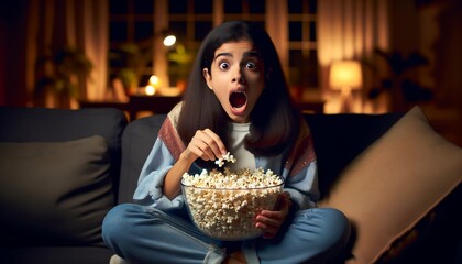 young girl watching a scary movie with popcorn