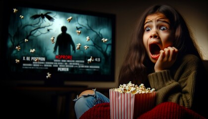 a young girl screams in fear from a horror movie and spilled popcorn