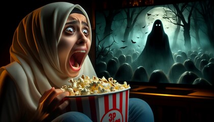 woman with popcorn in her hands screams in fear from a horror movie