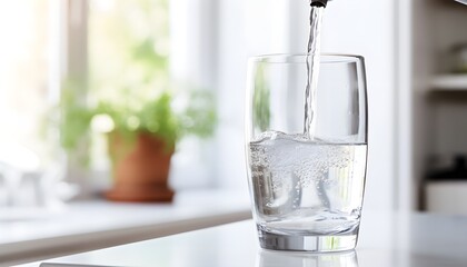 water is pouring from a tap into a glass over blurred white kitchen background
