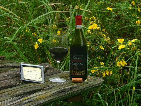 Bottle of 19 Amarone red wine served al fresco in garden
