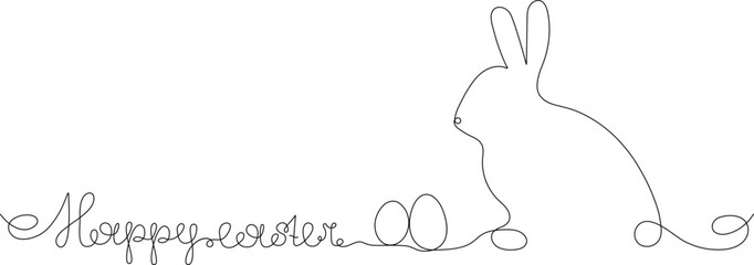 Rabbit silhouette with eggs for Easter in continuous one line drawing style. Vector illustration for greeting card, banner