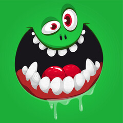 Funny cartoon monster face. Illustration of cute and scary monster expression. Halloween design. Vector isolated