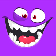 Funny cartoon monster face. Illustration of cute and scary monster expression. Halloween design. Vector isolated